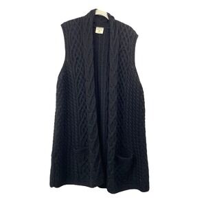 Kilronan 100% wool cable knit‎ long vest Size L black made in Ireland boho
